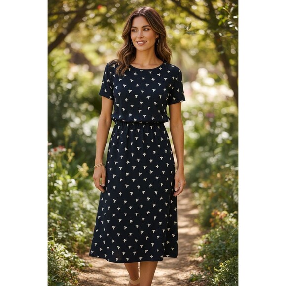 J Jill Wearever Collection XL Midi Dress New Blouson Dandelion Fluff Black White - Picture 1 of 11